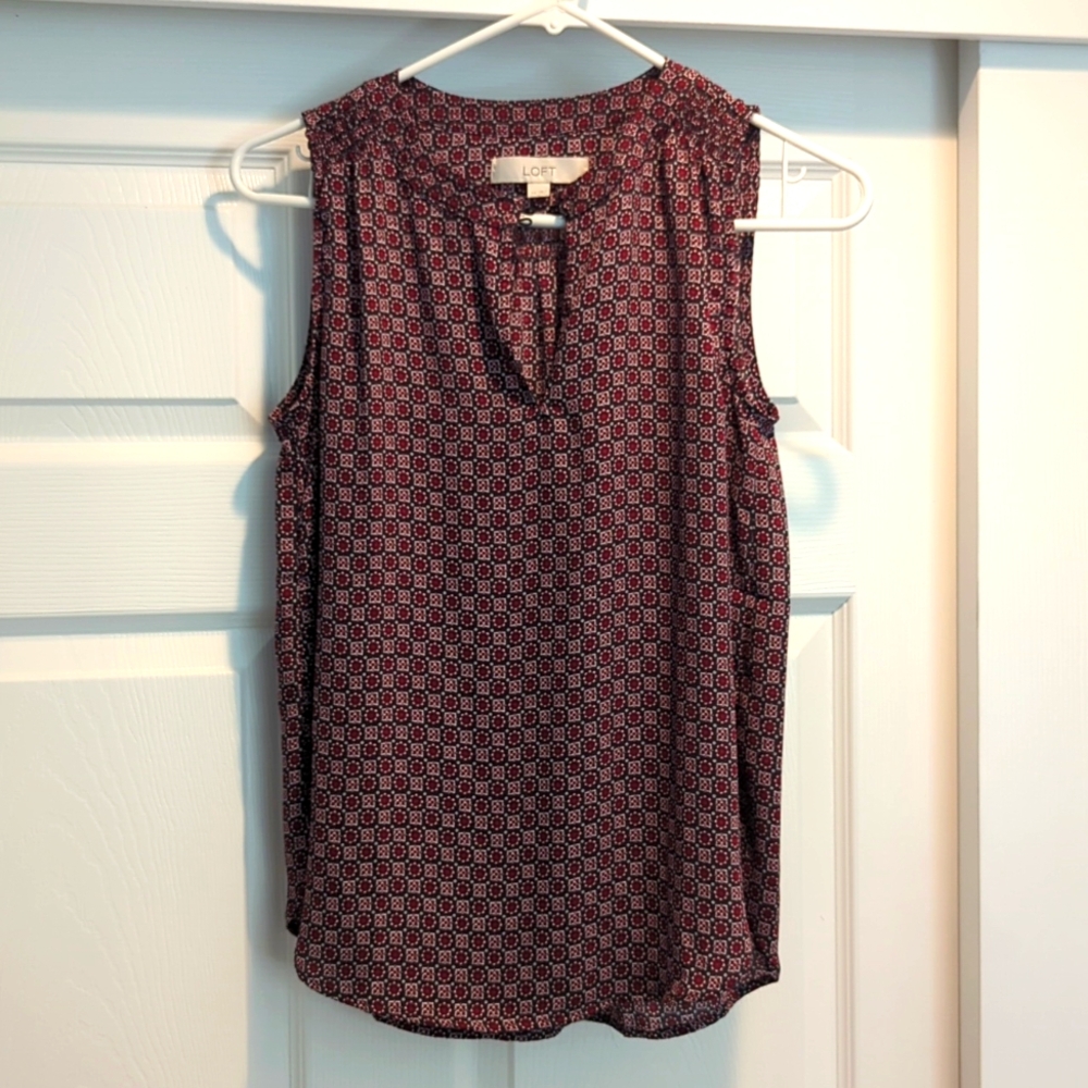 Loft Gray and Red Patterned Sleeveless Blouse